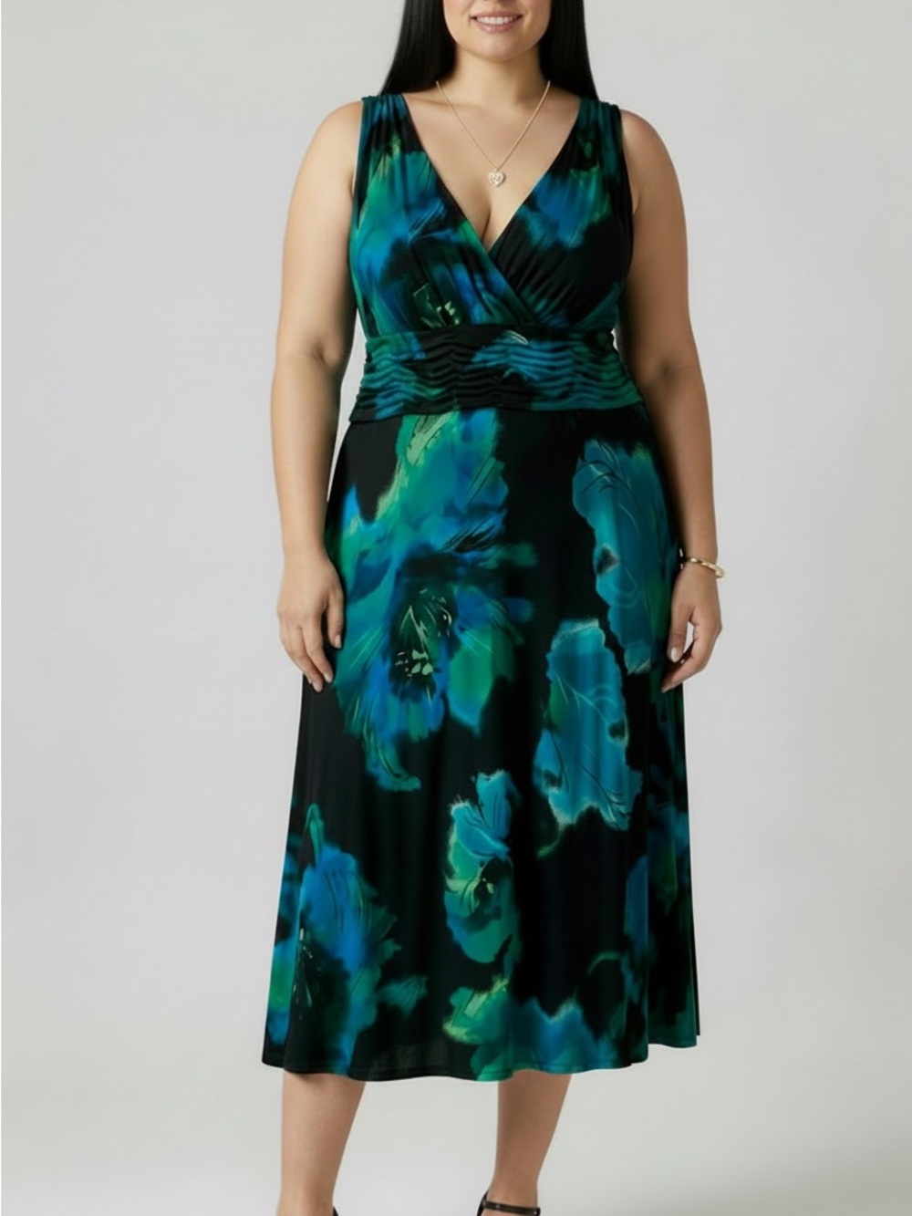 Evan Picone Teal & Black Floral V-Neck Midi Dress